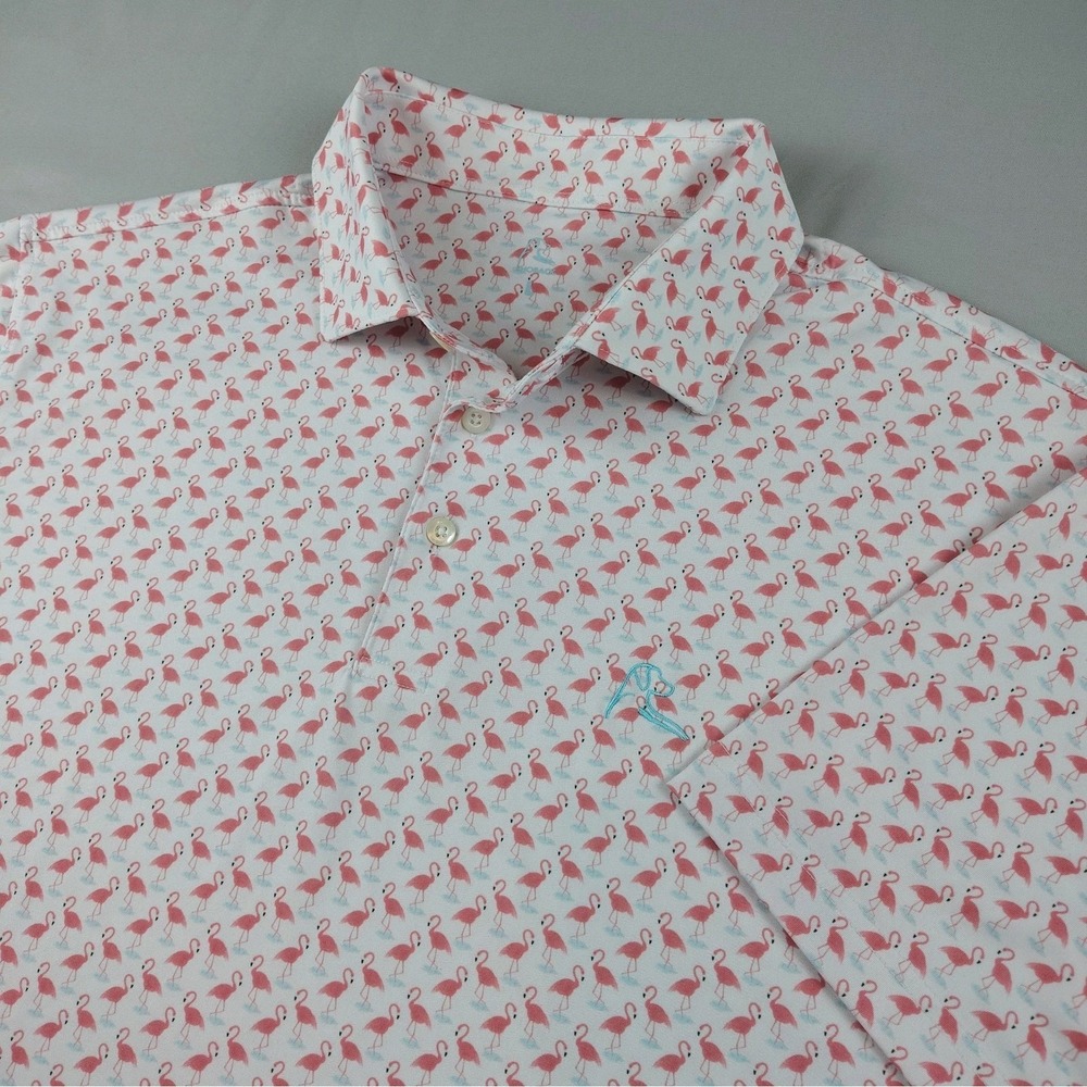 Rhoback Polo Shirt Mens L Pink Flamingo Print Golf Performance Stretch Casual
